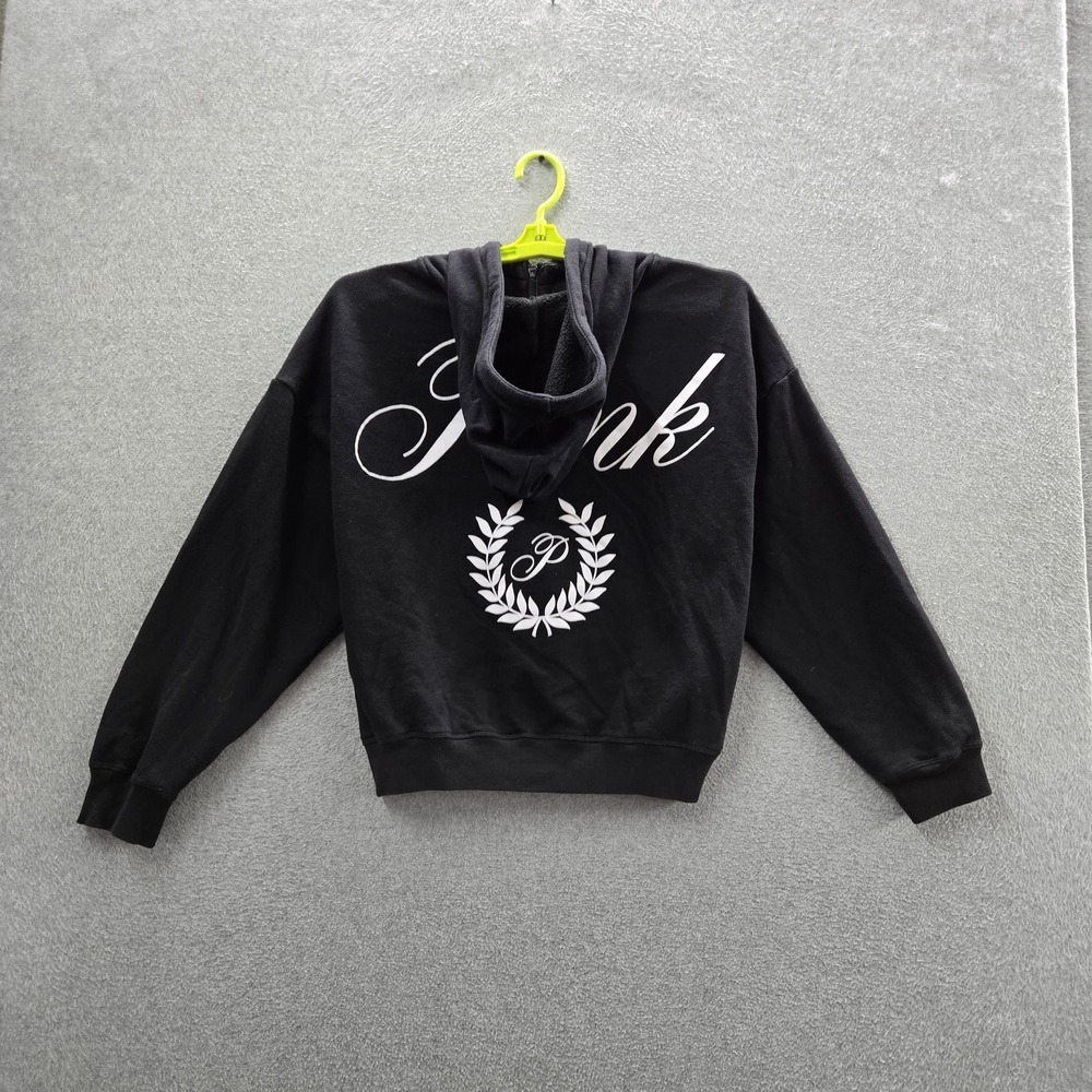 PINK Victoria's Secret Women Hoodie M Black Fleece Script Campus Pullover